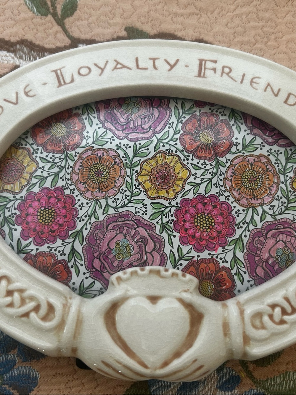 Russ Ceramic Oval Frame with Pink, Yellow and Green Floral Insert